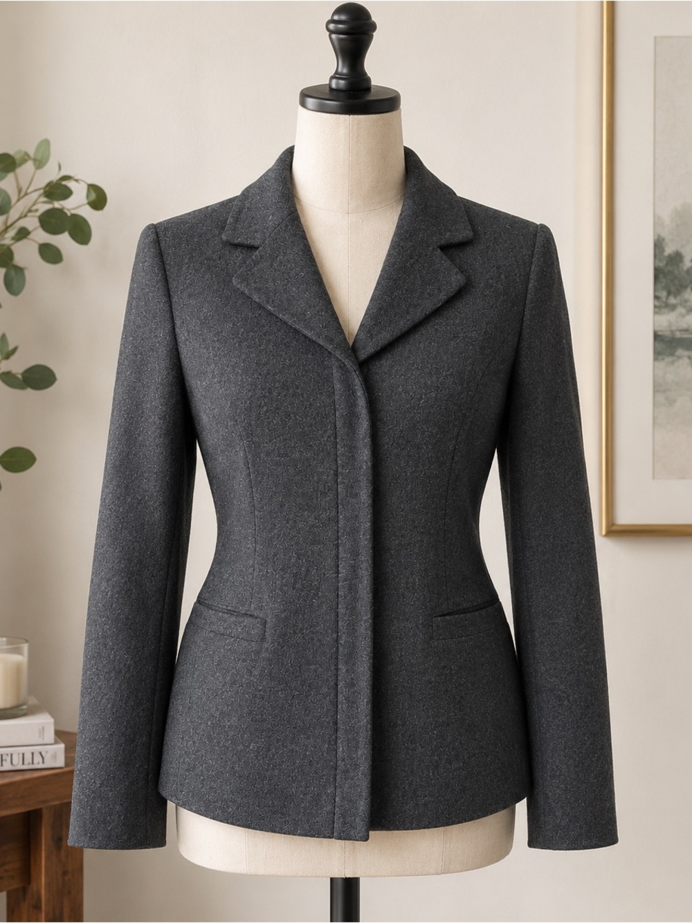 Hillard & Hanson Wool Blend Hidden Zip Career Blazer Jacket Gray Size 4
